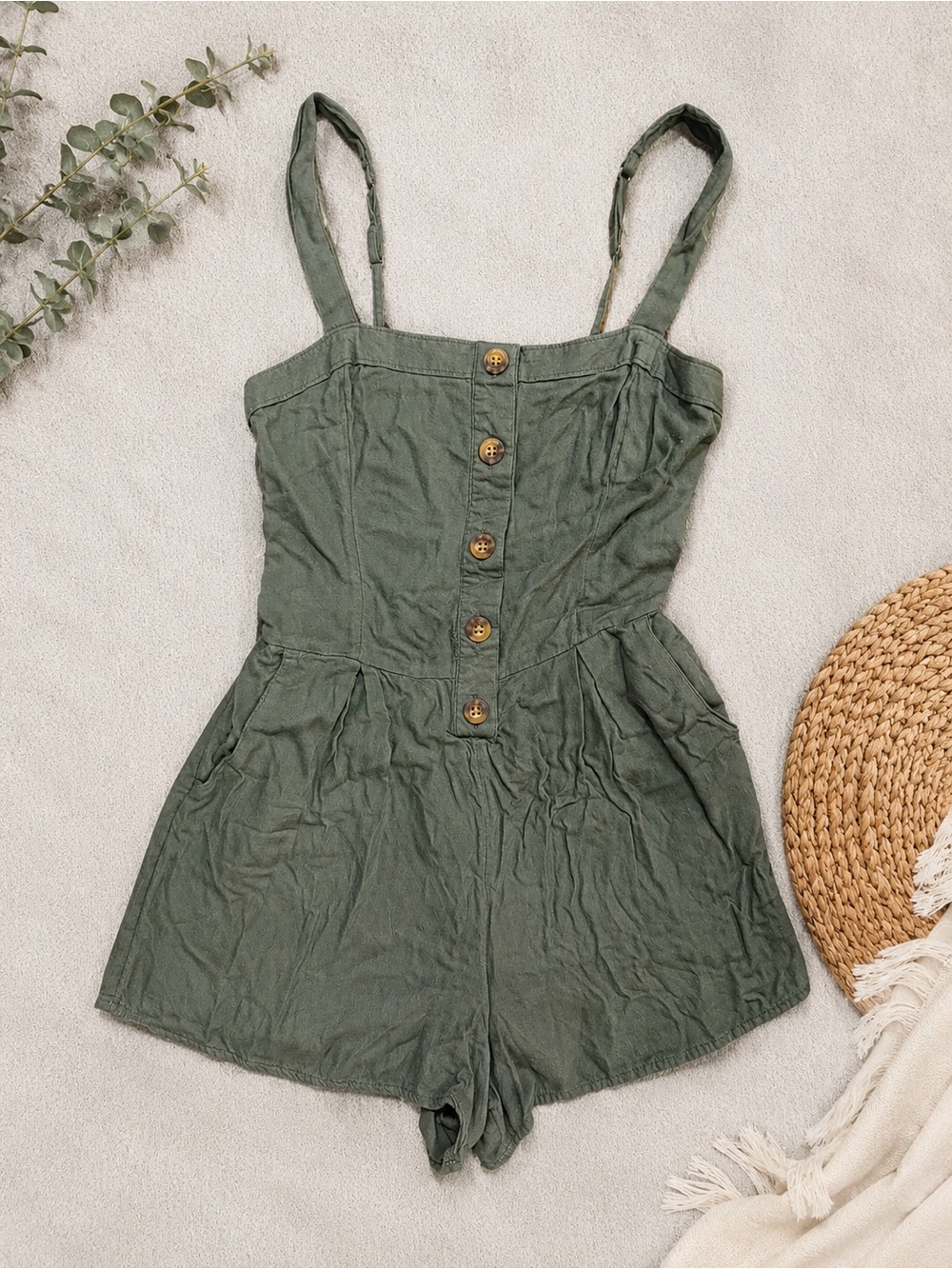 Hollister Green Utility Romper Soft Adjustable Straps Women's Medium M